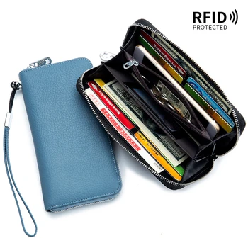  Чанта за картички Дълга кожена RFID-чанта от телешка кожа с горния слой, мек кожен прост-портфейл, чанта за мобилен телефон