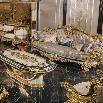  Дворецът диван в европейски стил от масивно дърво със златна пластина, луксозен диван голяма вила всекидневна диван масичка за кафе комбинация от висок клас