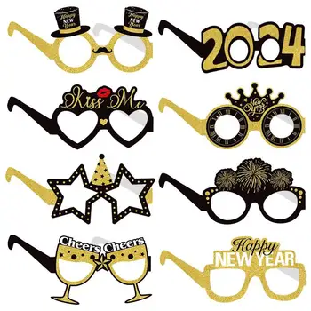  8-4шт Щастлива Нова Година Хартиени Очила 2024 Очила В Черно Златна Рамка Подпори Коледна Украса За Партита, Коледни Аксесоари