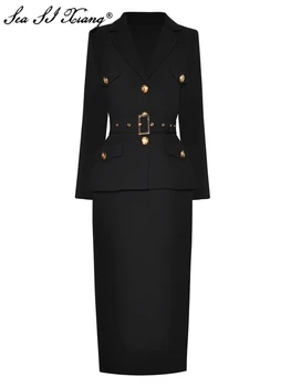  Seasixiang, Модерен дизайнерски есенен костюм, женски однобортные потник с колан и дълъг ръкав + пола-молив, Офис женски комплект от две части