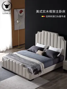  Американската постмодернистская светла луксозно легло Проста кожена легло в скандинавски стил и основната спалня атмосферни двойно легло сватбена легло