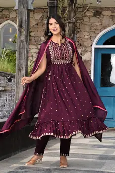  Костюм за сватба в Индия, Пакистан, лилаво камизы с дълъг ръкав, жоржет с бродерия, изработена Изцяло
