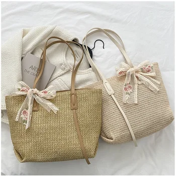  Проста дамска чанта, изработена от слама, тъкани 2023, лятна новост, чанта за плаж, отдих, женски раница за пазаруване с голям капацитет