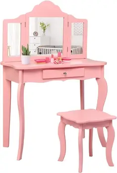 Детска Дървена Тоалетка с огледало и Табуретка Costzon, Подвижни Дизайн 2 в 1 с тоалетка и Работно бюро, Princess Makeup Dr