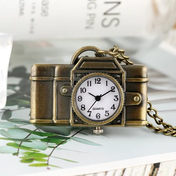  Бронз джобни кварцов часовник с окачване в ретро стил, реколта часовници с отложено във формата на фотоапарат, джобен часовник с арабски цифри и бял циферблат, подарък Унисекс