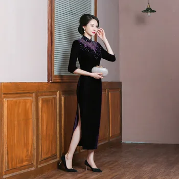  Жена Ципао в китайски стил, сексуална мозайка рокля с пайети, Рокли, плюс Размера на Класическата Елегантна Китайското рокля с цепка, Vestidos 5XL