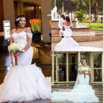  Африкански бретельки голям размер, дантелени апликации, beading, сватбената рокля на Русалка с много нива тюлем, Дълга Сватбена рокля за младоженци