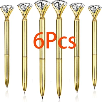  6шт Големи Химикалки с Кристалалми и Диаманти, Златни Прибиращи Метални Кристални Дръжки за Жени