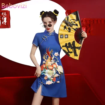  Плюс размер 4XL, свободно рокля миди с принтом журавля в китайски стил, Лятото на 2022, Нова Традиционни дрехи, да се чувствате рокли Чонсам