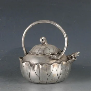  Китайски Старинни Тибетски Сребърен чайник с една жаба-lotus ръчно изработени, Винарска гърне