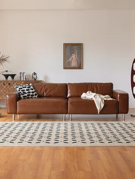  Френски ретро кожен диван с маслена маска, малка всекидневна в скандинавски стил, проста кожена мебел