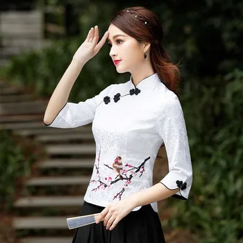  Облекло в китайски стил Тан Дамски Реколта риза с бродерия на цветя и яка-часова, Блузи, сатен блуза Голям размер 3XL - 5XL