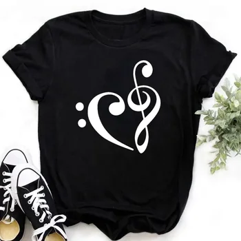  Дамски Модни тениска С Музикален Принтом Love Heart, Женска Тениска С къс ръкав, Сладък Графики Тениски, Дамски Черни Тениски, Потници