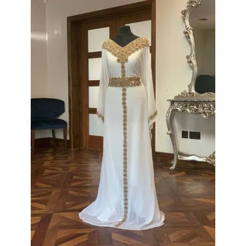  Бяла елегантна рокля Абая Dubai, расшитое мъниста, Дубай кафтан