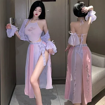  Дамски секси китайски костюми, Обещаваща пижами, Комплект еротично бельо, Традиционна пола Hanfu, Cosplay, Екзотична нощен облекло лилав цвят