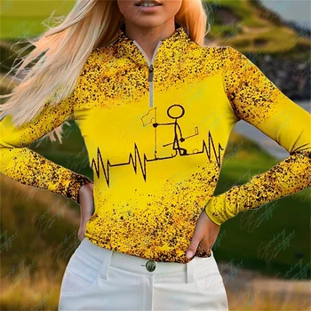  Есенна женска риза-топка за голф с дълъг ръкав, спортни дишаща бързосъхнеща тенис фланелка за голф, риза за голф с прости принтом