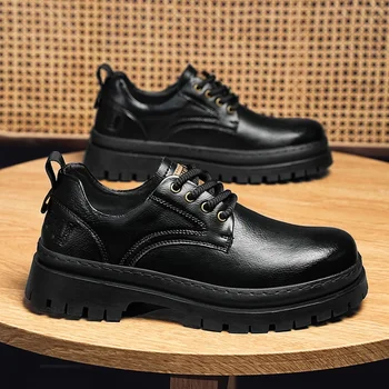  Модерен мъжки ежедневни кожени обувки с кръгло бомбе, работни обувки на равна подметка, Мъжки бизнес официалната обувки, Дизайнерски ръчно изработени обувки