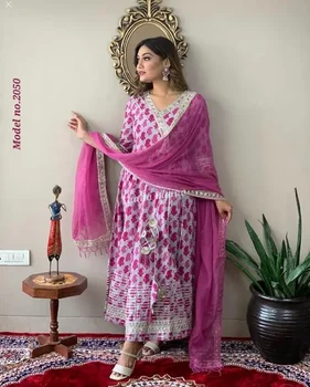  Памучен Курти Palazzo Dupatta за индийската партита Дивали в розова рокля Анаркали