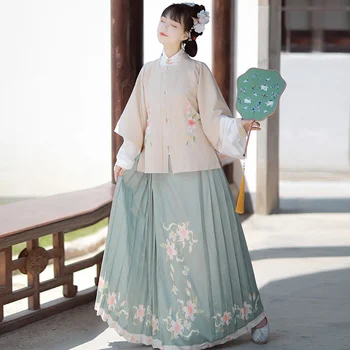  3 броя/1 комплект дамско палто с квадратни яка Hanfu, сладък всекидневен костюм в китайски стил с бродерия, есенна плиссированная пола на Династията Мин.