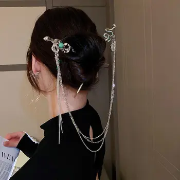  Ретро Елегантна змия Y2K Коса С кристали Дамски двойна пръчка за коса HanFu Шнола За коса Аксесоар за коса в китайски стил Разклона за коса