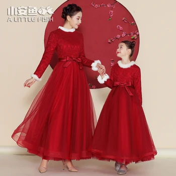  Червени модерен рокля Tang, коледна рокля, нова година е празник, рокля за родители и деца, женствена рокля за майки и момичета