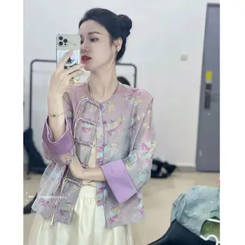  2024 модно красиво палто копчета лилаво в китайски стил за жени на всеки ден, на източното елегантна дамско палто с дълъг ръкав