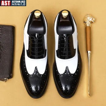  Мъжки сватбени oxfords с остри пръсти, черни, бели, два цвята мъжки модел обувки от естествена кожа, бизнес обувки с перфорации тип 