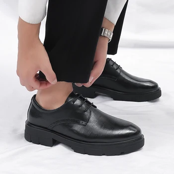  Мъжки обувки в бизнес стил, официални бизнес обувки с дантела, мъжки oxfords, обувки от висококачествена естествена кожа, черни сватбени обувки, мъжки