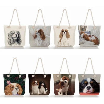  Бельо дамска чанта-тоут голям капацитет, еко-чанта за пазаруване, пътна плажна чанта, чанта с принтом кучета Чарлз Шпаньол, скъпа чанта през рамо с животни