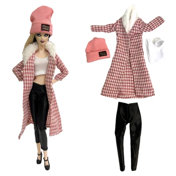  NK 1 комплект кукли гардероб градински облекло: розова дълга клетчатая яке + вязаная шапчица + готини панталони за Барби кукли, аксесоари, играчки, ПОДАРЪЦИ