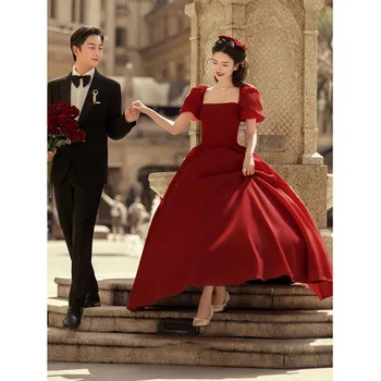  Сватбени рокли сладка принцеса за булка Ново Червено винтажное сватбена рокля с квадратна яка Просто елегантна рокля Vestidos De Новия Плюс размер