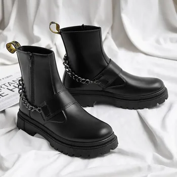  Мъжки обувки Зимни нова работно облекло с високо берцем в британския стил ежедневни черни кожени ботуши за езда на мотоциклет среден размер