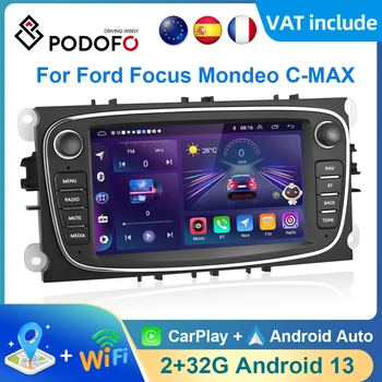  Авто мултимедиен плейър Podofo Car Android CarPlay Радио за Ford Focus S-Max, Galaxy C-Max с GPS-навигация, видео, без 2din DVD