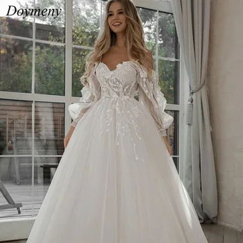  Сватбена рокля Doymeny На 2023 година, Модерен стил, Пола-Trapeze, Буйни Ръкави, Скъпа Горловина, Апликация От Дантела и Тюл, Vestidos De Новия