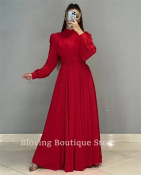  Прости Мюсюлмански червени вечерни рокли с високи шифоновыми ръкави-капачки трапецовидна форма, вечерна рокля за абитуриентски бал в Дубай, Саудитска Арабия, плисе вечерни дълги рокли