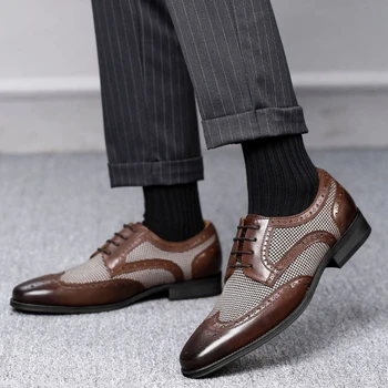  Мъжки кожени обувки за партита в стил броги, модни обувки на плоска подметка с шнур, нескользящая лека удобни обувки Sapatenis Masculino