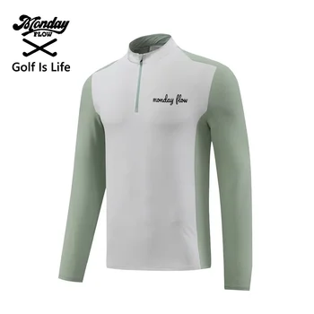  Mondayflow Пролет Есен Нова облекло за голф Мъжки дишащи спортни дрехи с дълъг ръкав, кръгло фланелка за голф