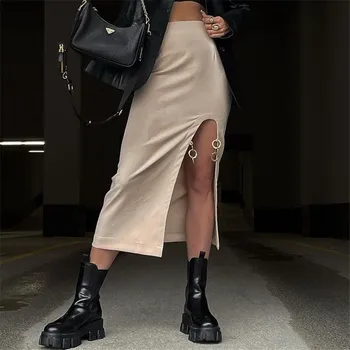  Дамски поли в стил пънк Y2k с висока талия и цепки, елегантен модерен и секси декорации под формата на вериги, градинска облекло, пола със средна дължина