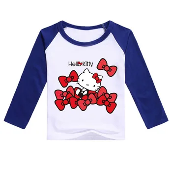  Hello Kitty Детски / Бебешки памучен тениска с принтом, пролетно-есенна мода базова риза с дълги ръкави за момичета, спортни всекидневни топ за момчета