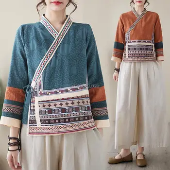  2023 нов китайски стил от памук и лен жаккардовый костюм tang с преминаването яка, блуза hanfu с бродерия дзен чай, яке с дълъг ръкав t001