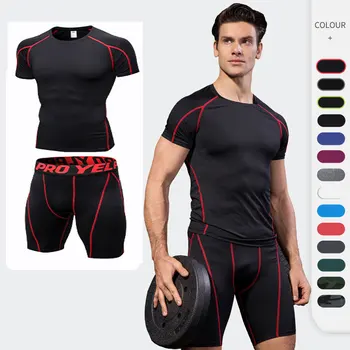  Мъжки спортни облекла от 2 части, Спортен Костюм За Практикуване на Йога В салона, Мъжки Бързосъхнеща Компресиране Облекло, Спортни дрехи, Мъжки къси панталони