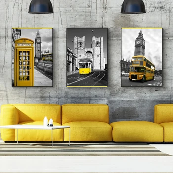  Черно-бял пейзаж в скандинавски стил, стенно изкуство, Жълт плакат с автобус, платно, картини, печат Жълто сграда за домашен декор на стаята