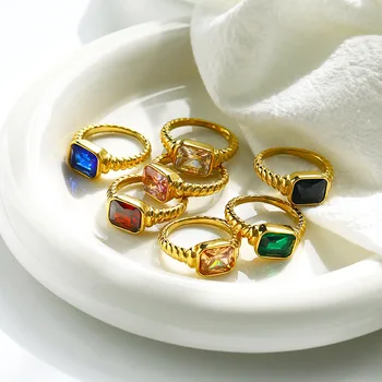  Луксозни маркови прозрачни кристални геометрични пръстени за жени, прости сватбена декорация от неръждаема стомана златист цвят, Реколта аксесоари Bague