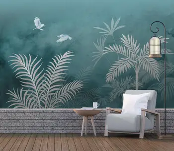  Тапети по поръчка в скандинавски стил, ръчно рисувани листа от тропически растения, носталгия фон, стенни рисунки, 3D тапети