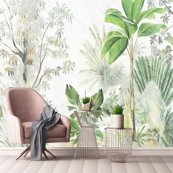  Натурални и свежи тапети с ръчно рисувани картини с тропически гори, Зелените листа на растенията, тапети за хола
