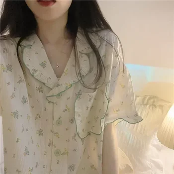  Нощни комплекти бельо с джобове За две жени Пижама с дълъг ръкав Пижама с принтом Пижами за почивка Пижамные шорти Стил Кратък Япония