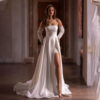  Модни Сатен Сватбени рокли за възрастни Принцеси без презрамки с Подвижни дълги ръкави по поръчка За възрастни 2025 Vestido De