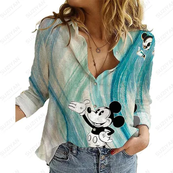  Всекидневни женски топ с принтом, Елегантна блуза с отложным яка, Елегантна дамска мода, свободно рисуване на Дисни Мики