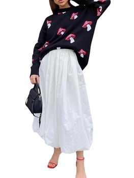  Жена Ретро жилетка Y2k, вязаный пуловер с кръгло деколте и дълъг ръкав, Естетичен Жилетка Harajuku Оверсайз с гъби, Жена