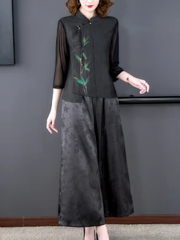  Есенни черни горни палта с дълъг ръкав и цветен модел + черни жакард широки копринени панталони, комплекти от две части 2023, Женски Корейски реколта костюми за бала